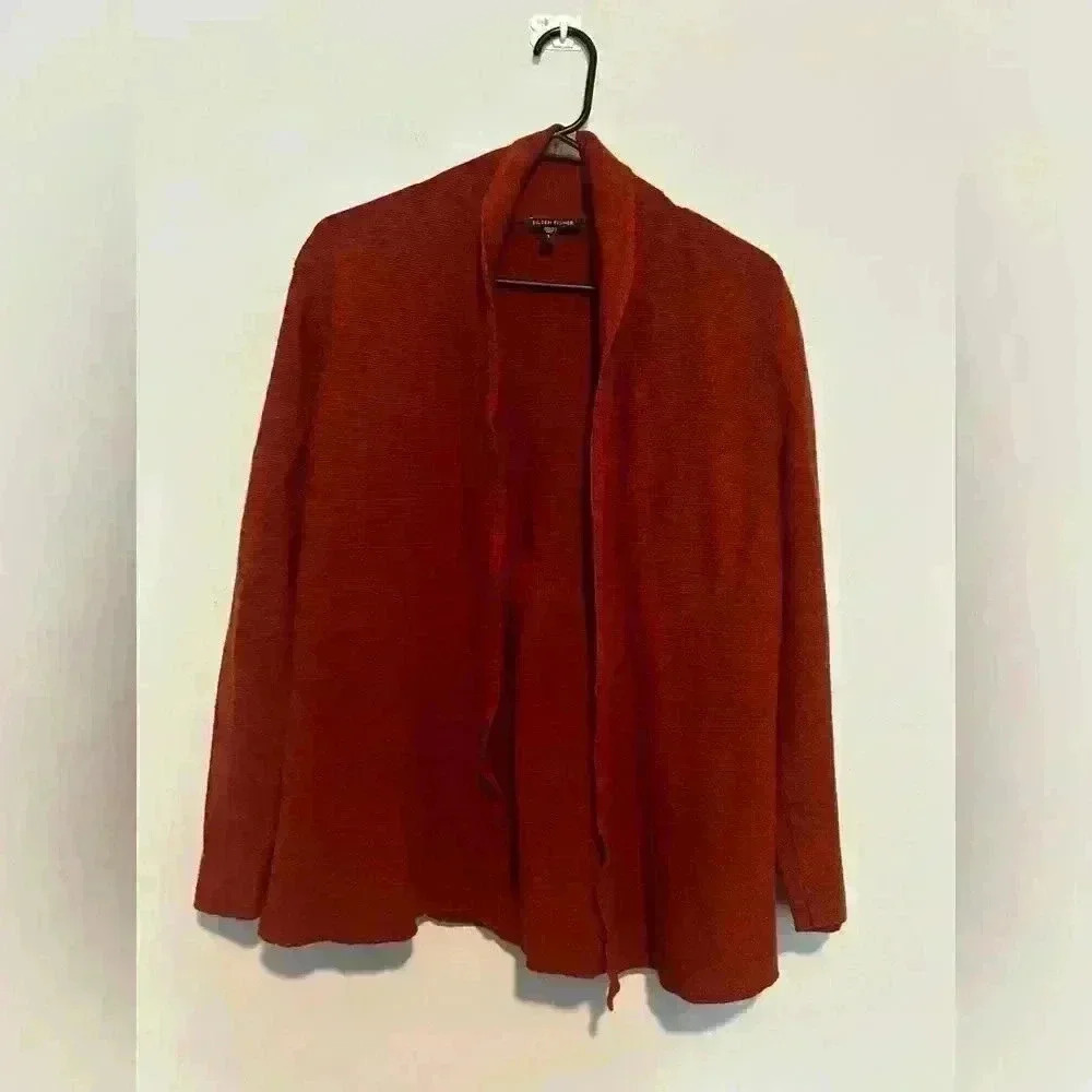Eileen Fisher Womens Small Open Cardigan 100% Wool Knit Orange/Burgundy - Picture 1 of 5